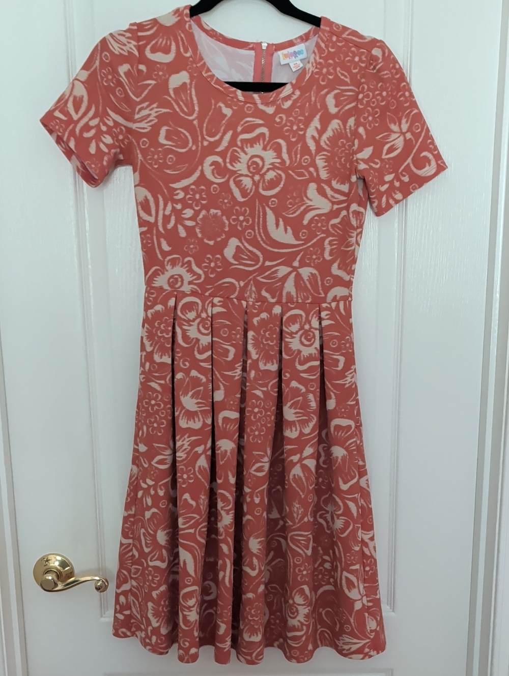 LuLaRoe Coral and Cream Short-Sleeve Fit & Flare Mini Dress XS